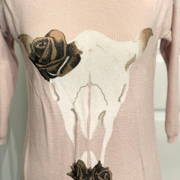 Bar III Long Cream/Tan "Bull + Roses" Three Quarter Sleeve Knit Sweater Top, XS - Picture 4 of 6